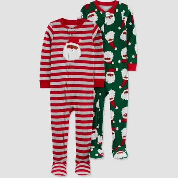 NEW! Toddler Striped Black Santa Christmas Footed Pajama 2pc Set, Red/Green - Picture 1 of 14